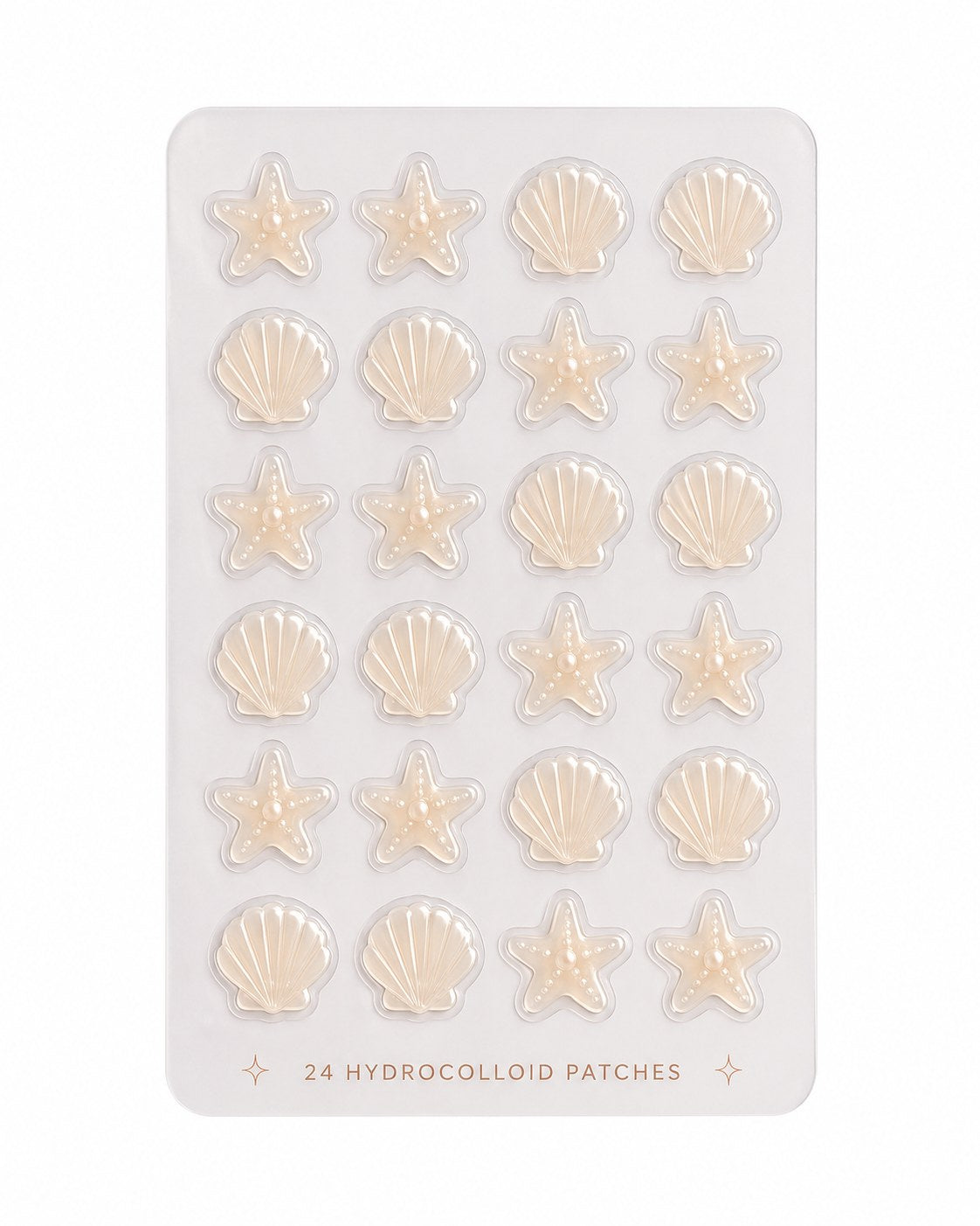 A sheet of 24 translucent pearlescent shell and starfish hydrocolloid patches