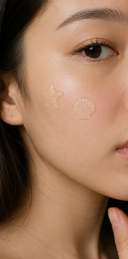 A starfish and seashell Shelly patch worn on a glowing cheek
